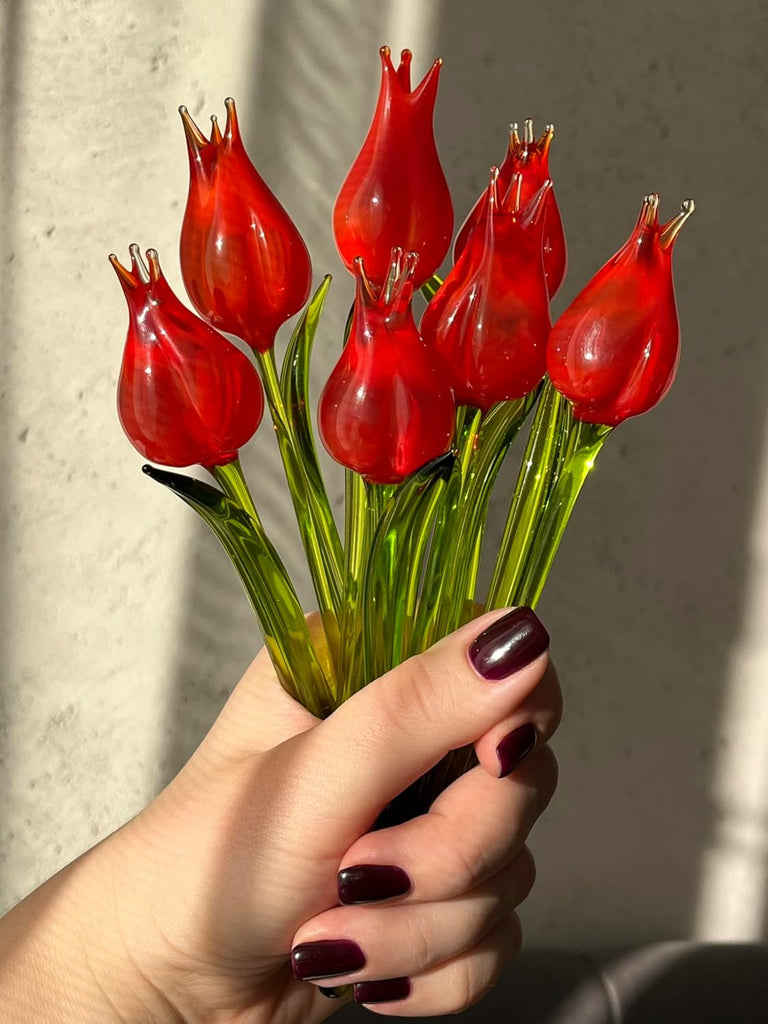 7" Red Glass Tulip Figurine - Hand-Blown Murano-Style Flower - Art Glass Tulip Ornament for Vase or Planter - Gift