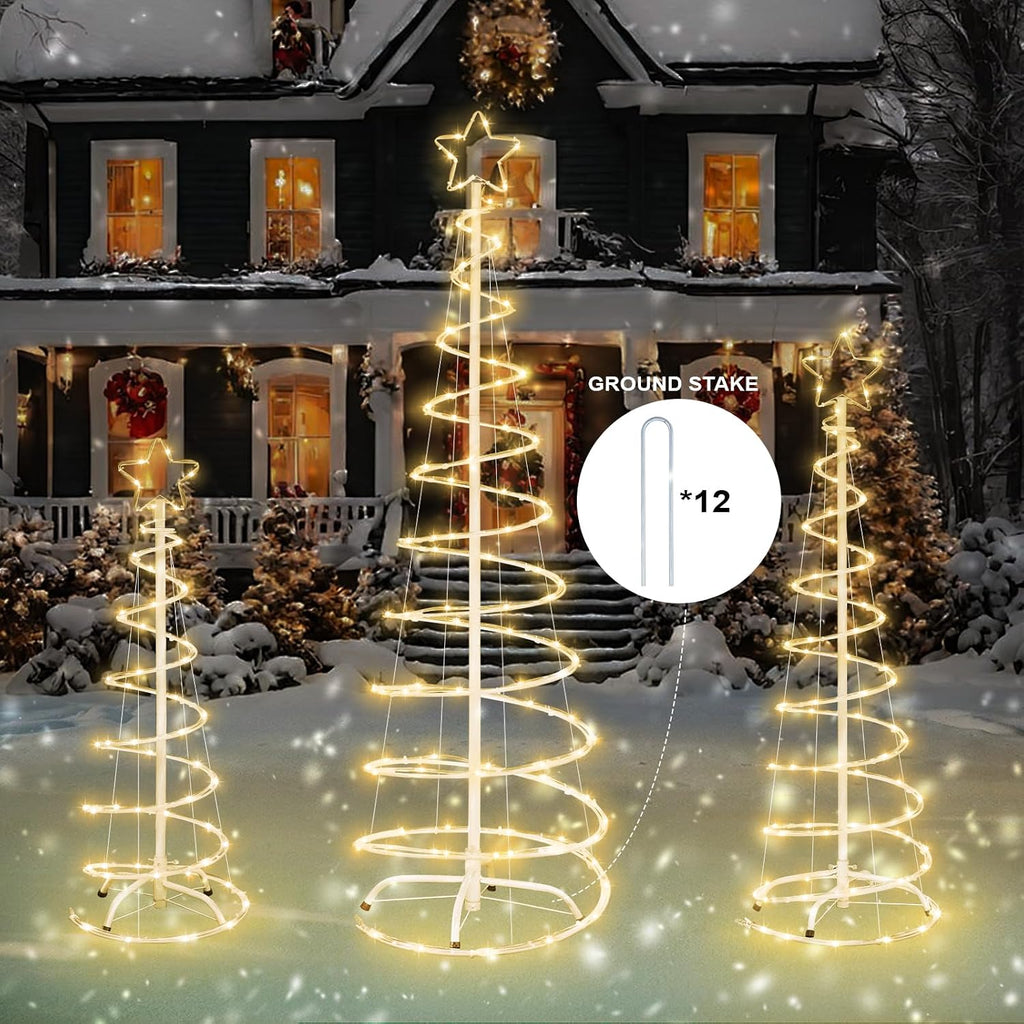 3 Packs Christmas Spiral Tree with Lights, 3/4/5 FT Lighted Xmas Collapsible Tree with Metal Stakes for Indoor &