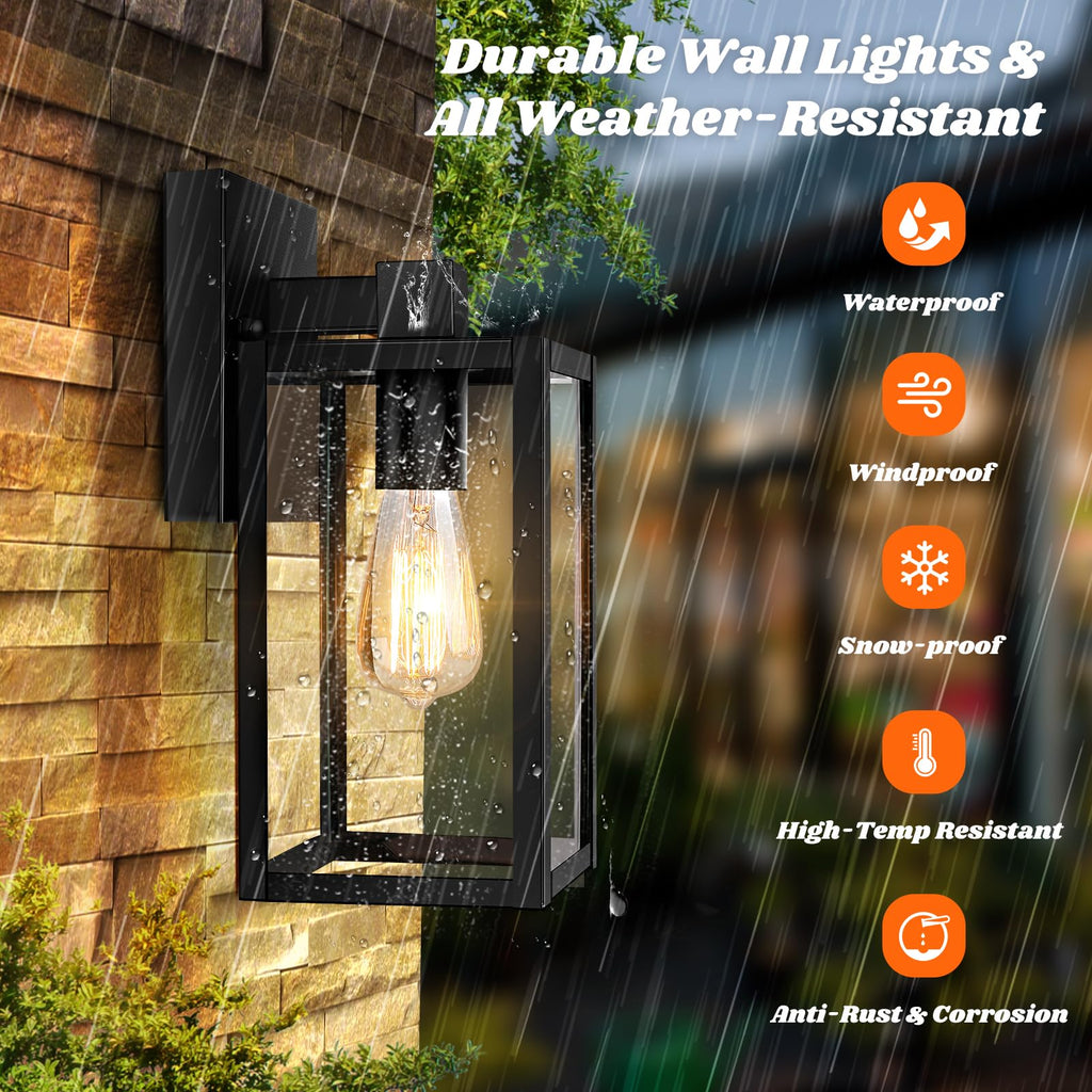2-Pack Outdoor Wall Lantern, Exterior Waterproof Wall Sconce Light Fixtures, Black Outside Wall Lights with Clear