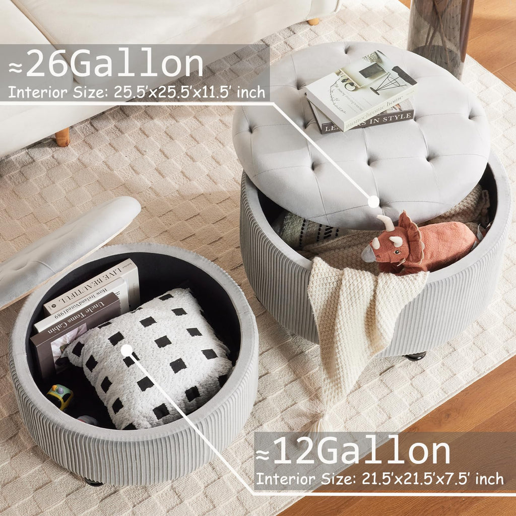 29'' & 24.5'' Round Storage Ottoman Coffee Table Set of 2, Light Gray