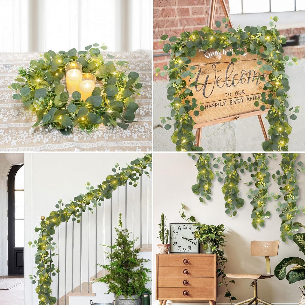 Artificial Eucalyptus Garland with Lights, 6FT Artificial Greenery Summer Garlands, Battery Operated Twig Vine - Set of 2