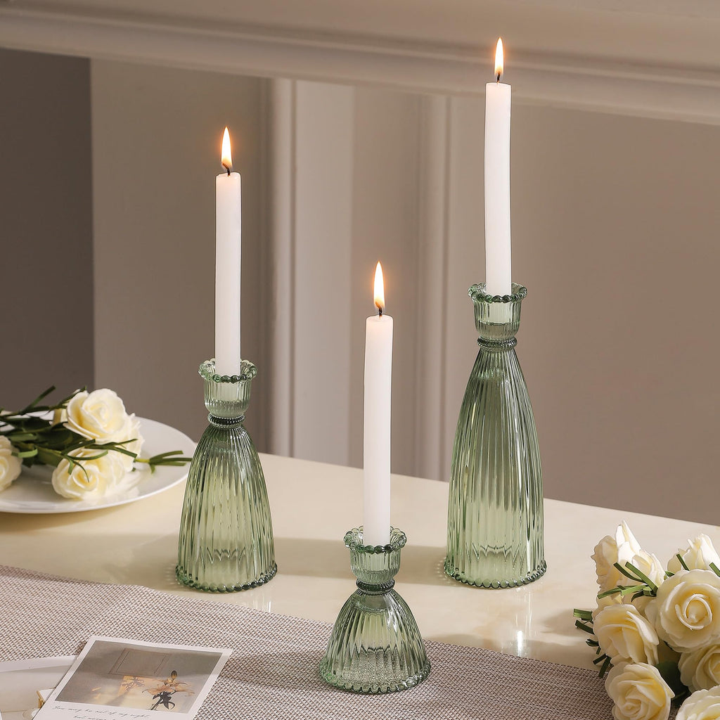 Vertical Stripe Candlestick Holders Set of 3, Premium Glass Candle Holders for Candlesticks and Taper Candles