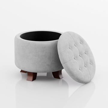 Round Storage Ottoman, 20 Dia. x 17 H Inches, Light Gray | Linen Fabric Tufted Upholstered Ottoman with Legs &