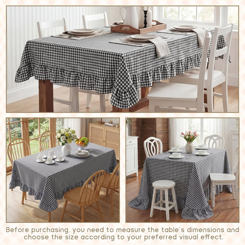 Black Gingham Ruffled Tablecloth, 60 x 120 Inches, Rectangle