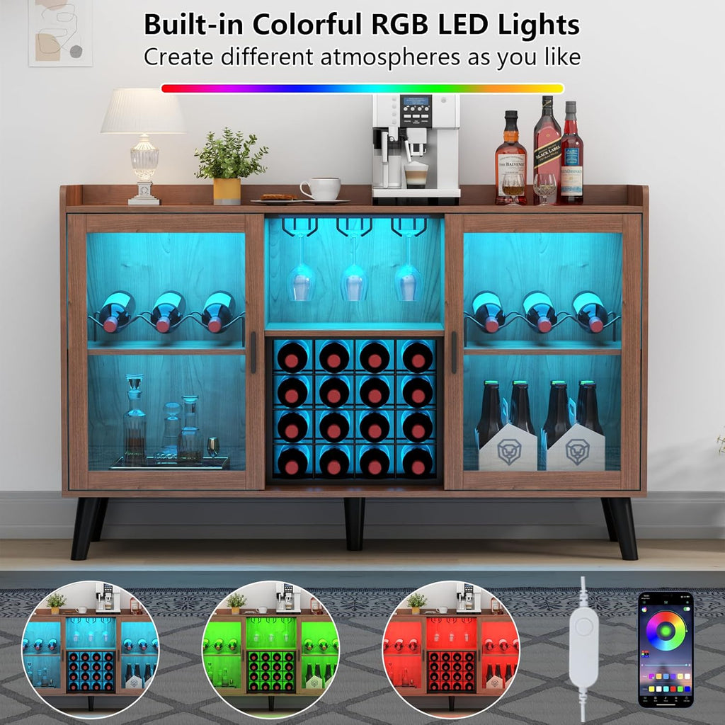 Wine Bar Cabinet with LED Light, Home Coffee Cabinet w/ Wine & Glass Holder | Kitchen Buffet Sideboard with Storage