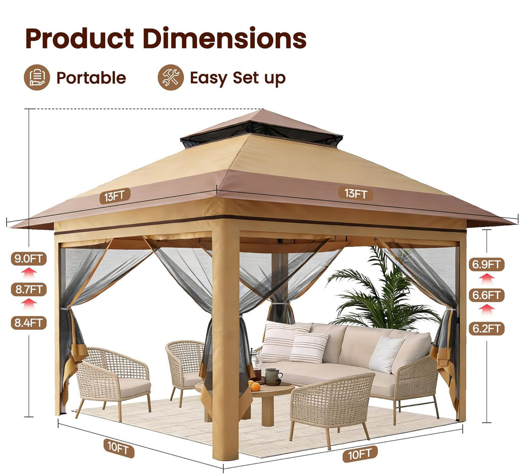 13x13 Pop Up Gazebo, Instant Outdoor Gazebo with Mosquito Netting, Vented Roof and Carry Bag - Beige & Coffee