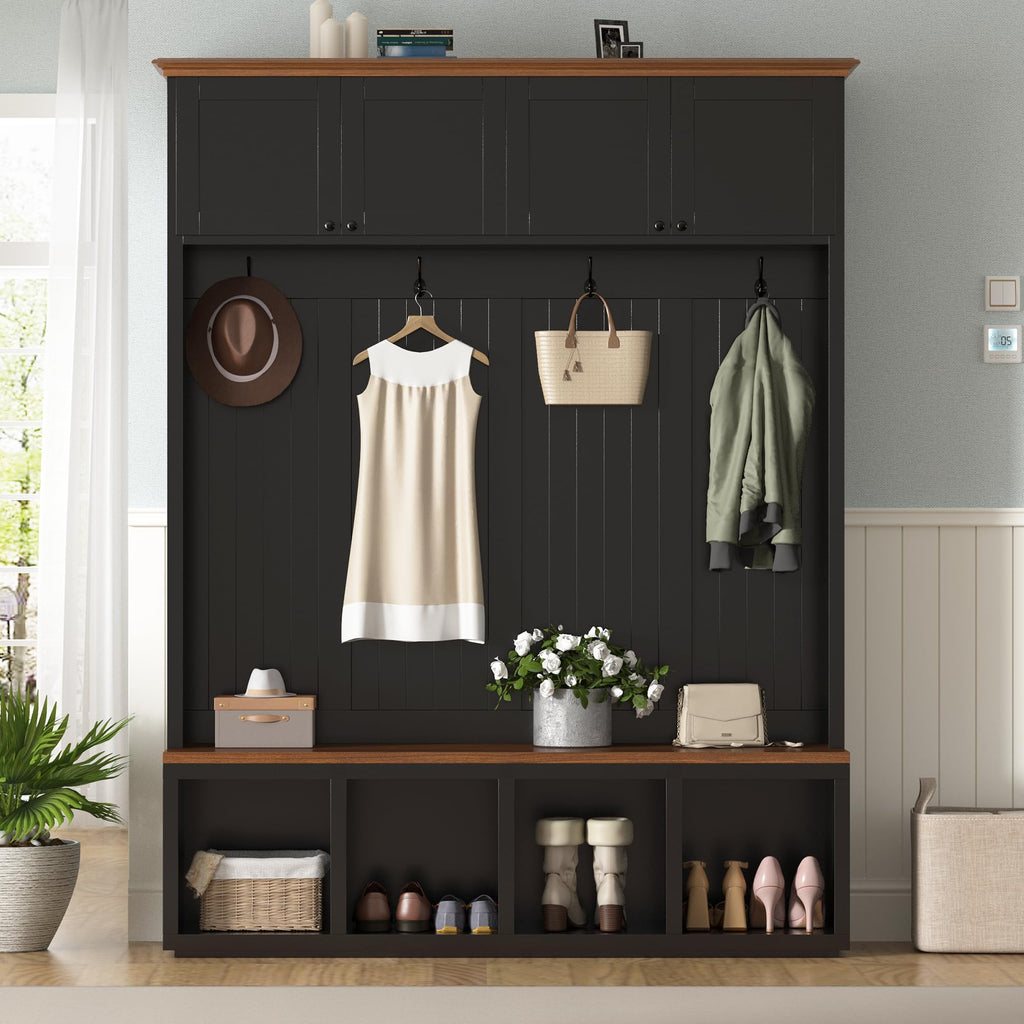 Wood Rustic 59''W Hall Tree Entryway Bench with 4 Hooks and Cabinets, Farmhouse Mudroom Versatile Coat Racks with