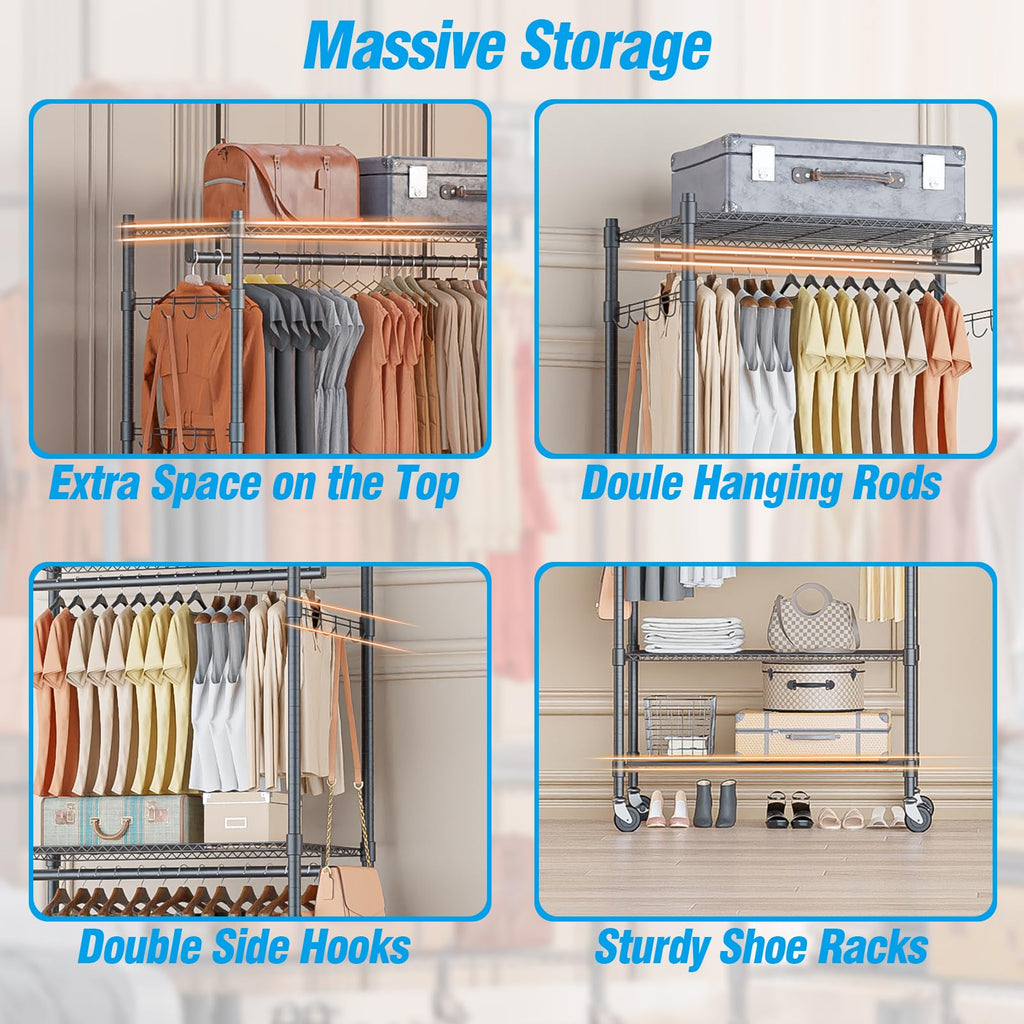 Narrow Rolling Garment Rack with Double Rods and 3 Adjustable Shelves, Compact Portable Closet Organizer, Laundry