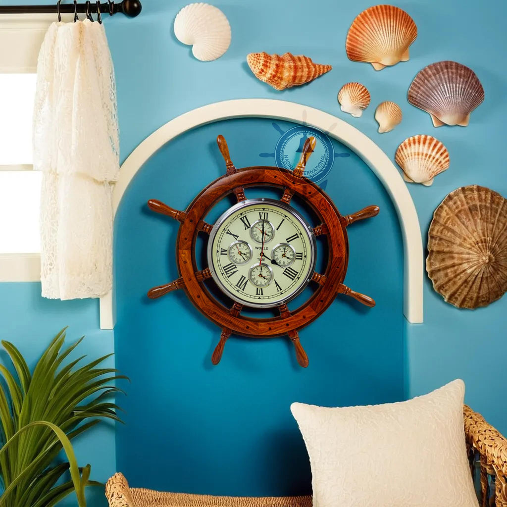 30" Premium Mahogany Crafted Large Nautical Ship's Wheel Times World Clock | Nautical Home Decor & Gifts (30 Inches