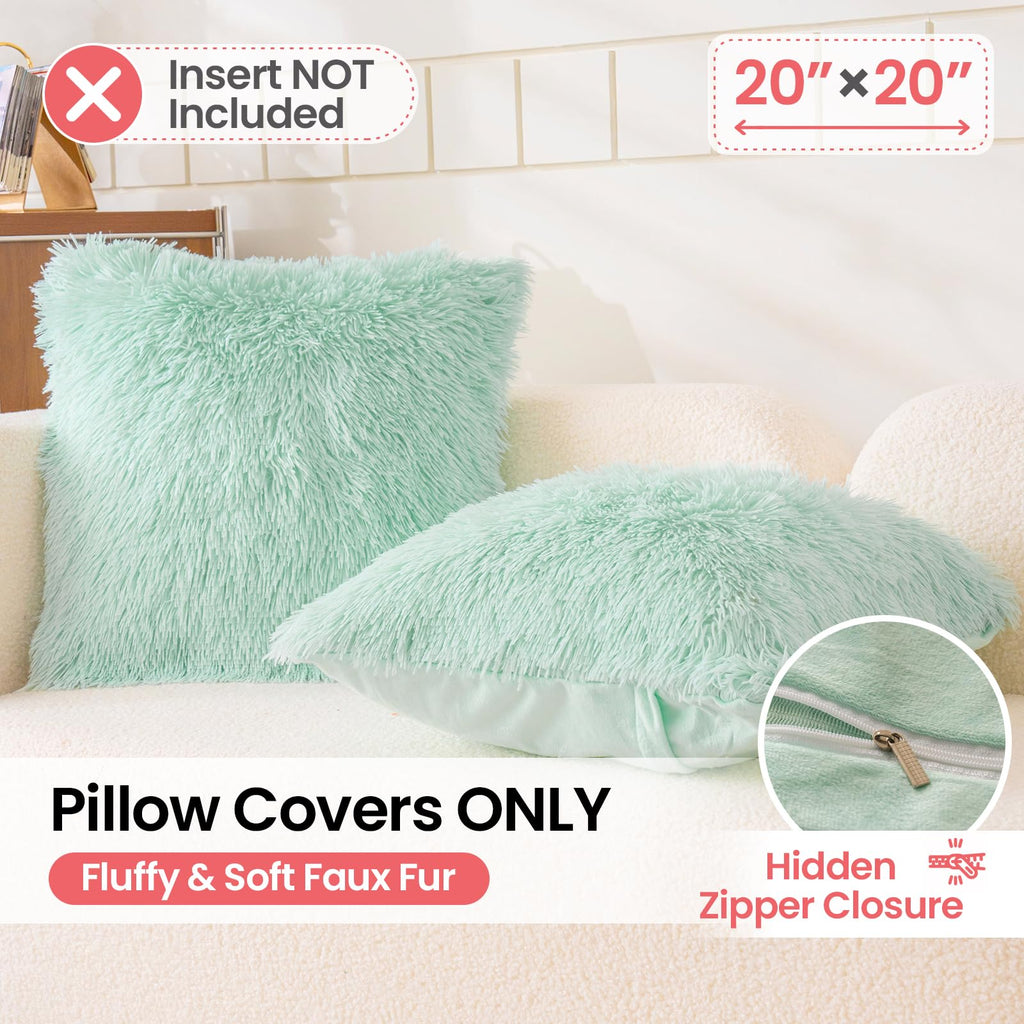 Faux Fur Mint Green Throw Pillow Covers, Fluffy Soft Fuzzy Decorative Pillow Cases Cute Pillowcases Bedroom Living