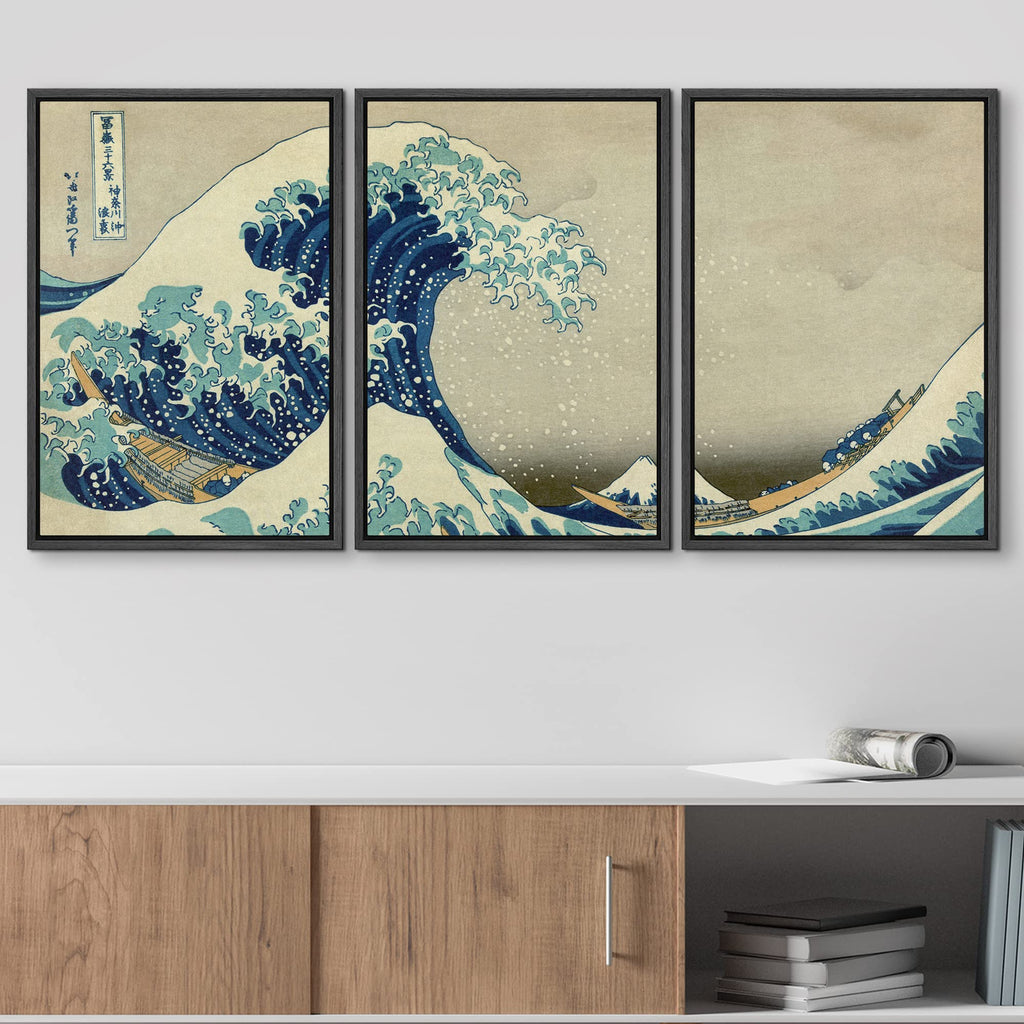 Framed Canvas Print Wall Art Set The Great Wave Off Kanagawa by Hokusai Cultural Historic Oil Painting Fine Art