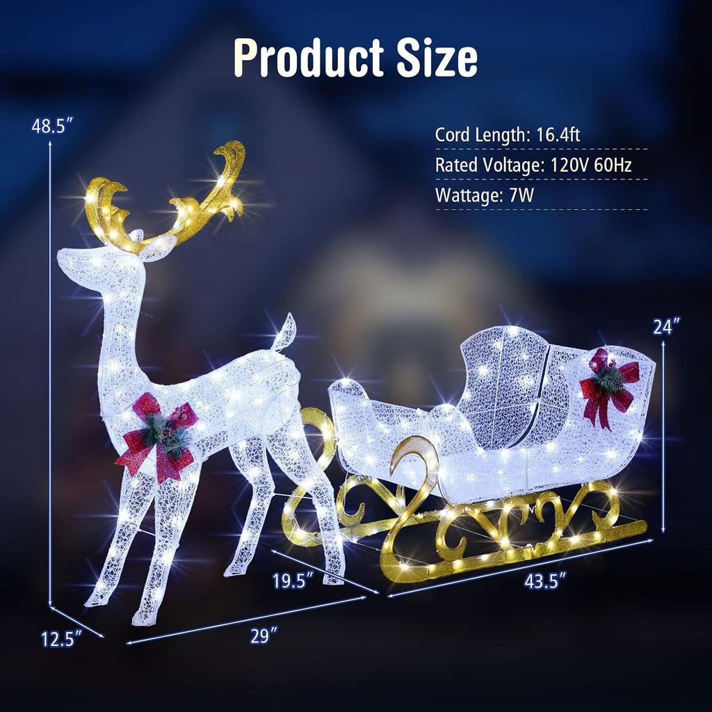 6 FT Christmas Lighted Reindeer & Santa's Sleigh Set, Cold White