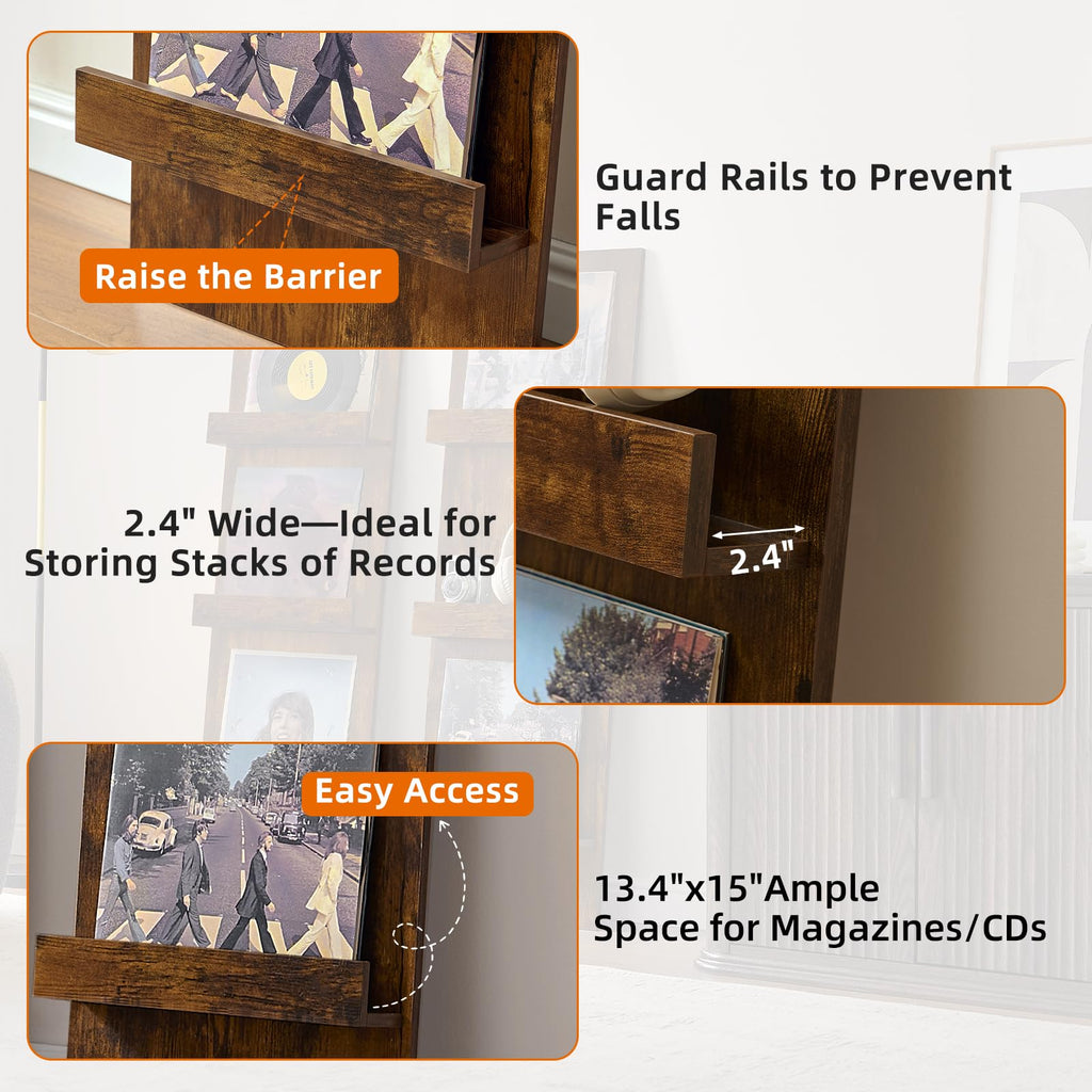 Wall-Leaning Vinyl Record Holder Set of 2 with 3 Tier Display Shelf, 47.5'' Tall Record Storage Magazine Holder