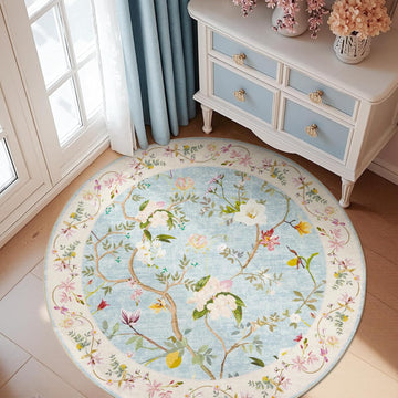 Floraison 5ft Round Rug Floral Soft Machine Washable Mat Non Slip Flowers Chinoiserie Circle Rugs Lo