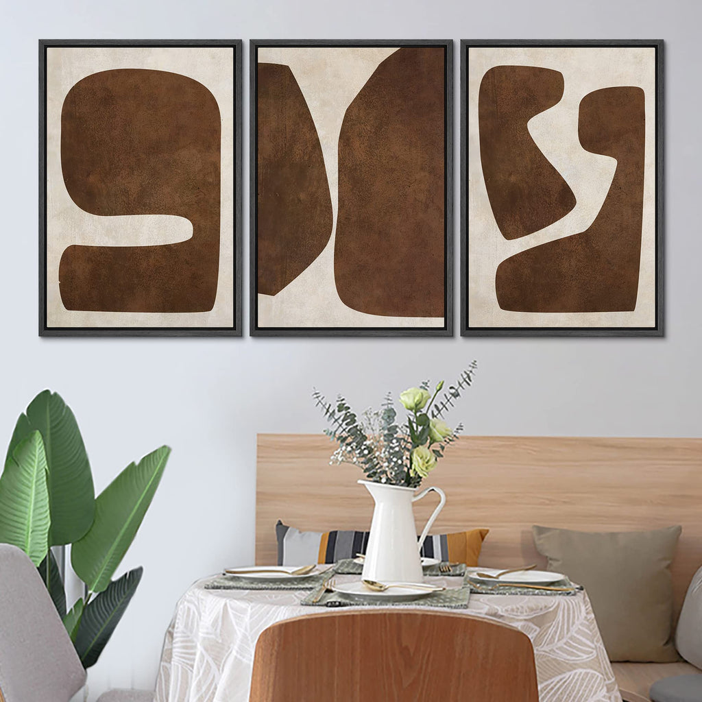 Framed Canvas Print Wall Art Set Brown Tan Retro Polygon Collage Abstract Shapes Illustrations Modern Art Geometric