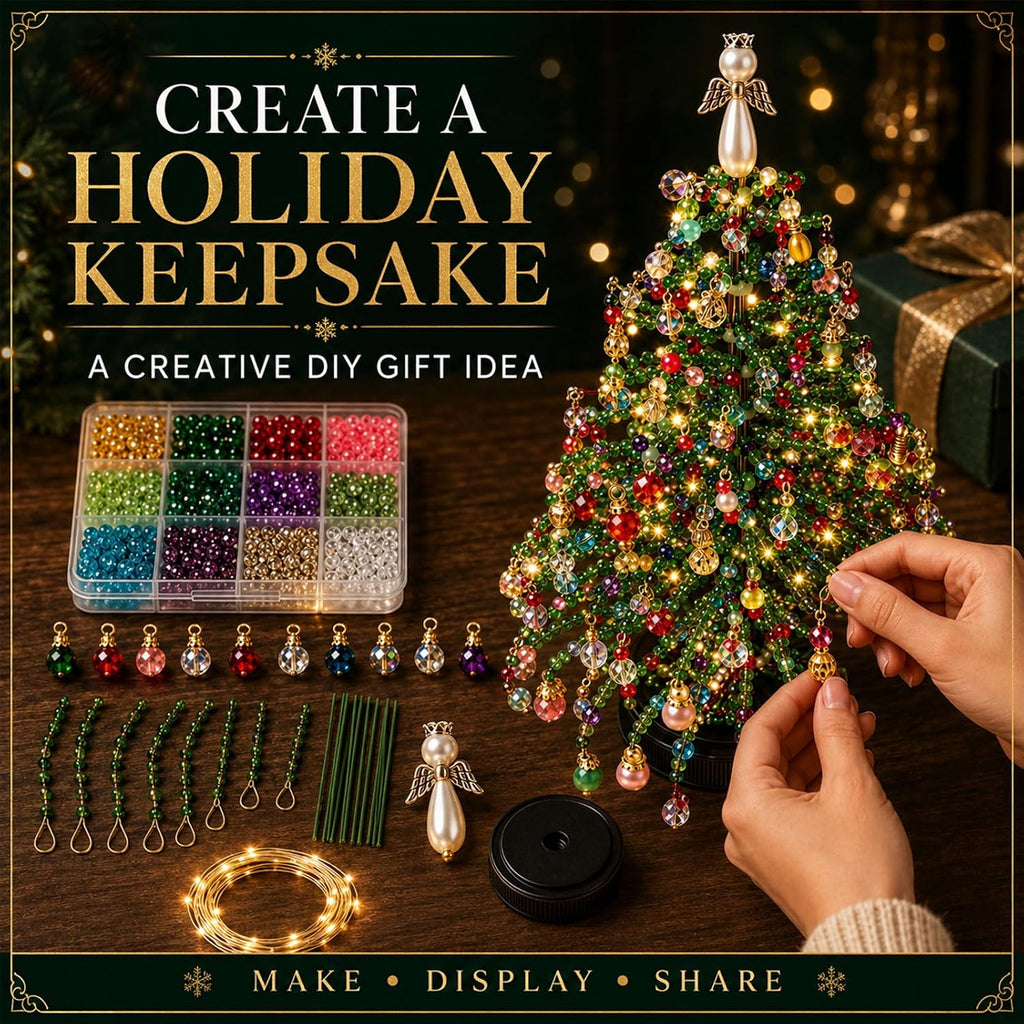 DIY Beaded Christmas Tree Kit for Adults, 3D Crystal Bead Holiday Craft Set with Colorful Beads, Ornament Charms