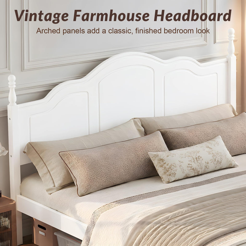 Farmhouse Bed Frame with Headboard, White Wood Platform Bed