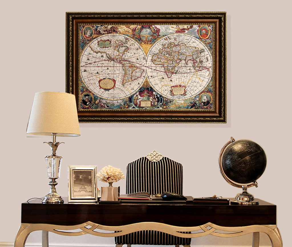 Old Vintage World Map Oil Painting Reproduction Giclee Wall Art Canvas Prints-Framed Size:39" x 28"