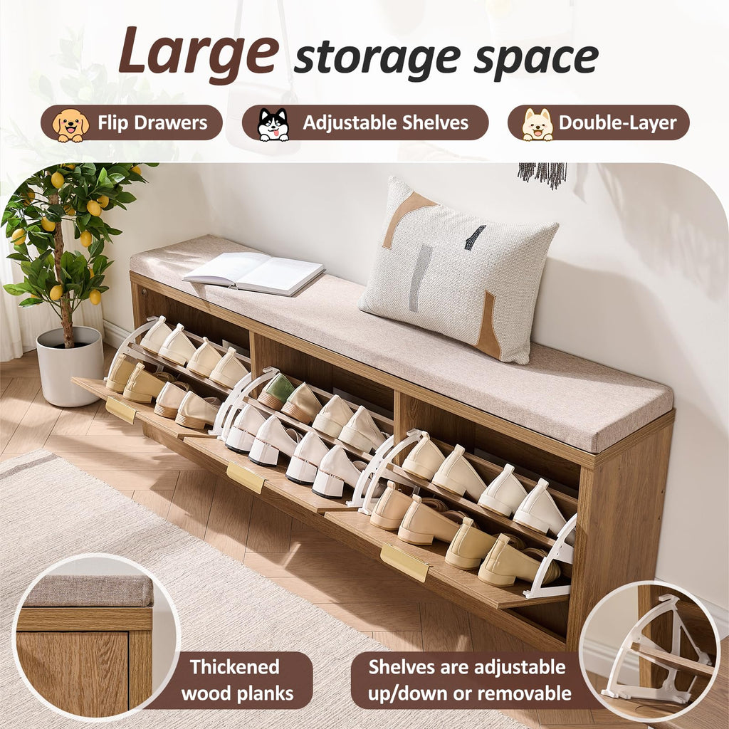 Rattan Narrow Entryway Bench with Shoe Storage, 3 Flip Drawers & Coat Rack, Mid-Century Modern Wood Shoe Cabinet with