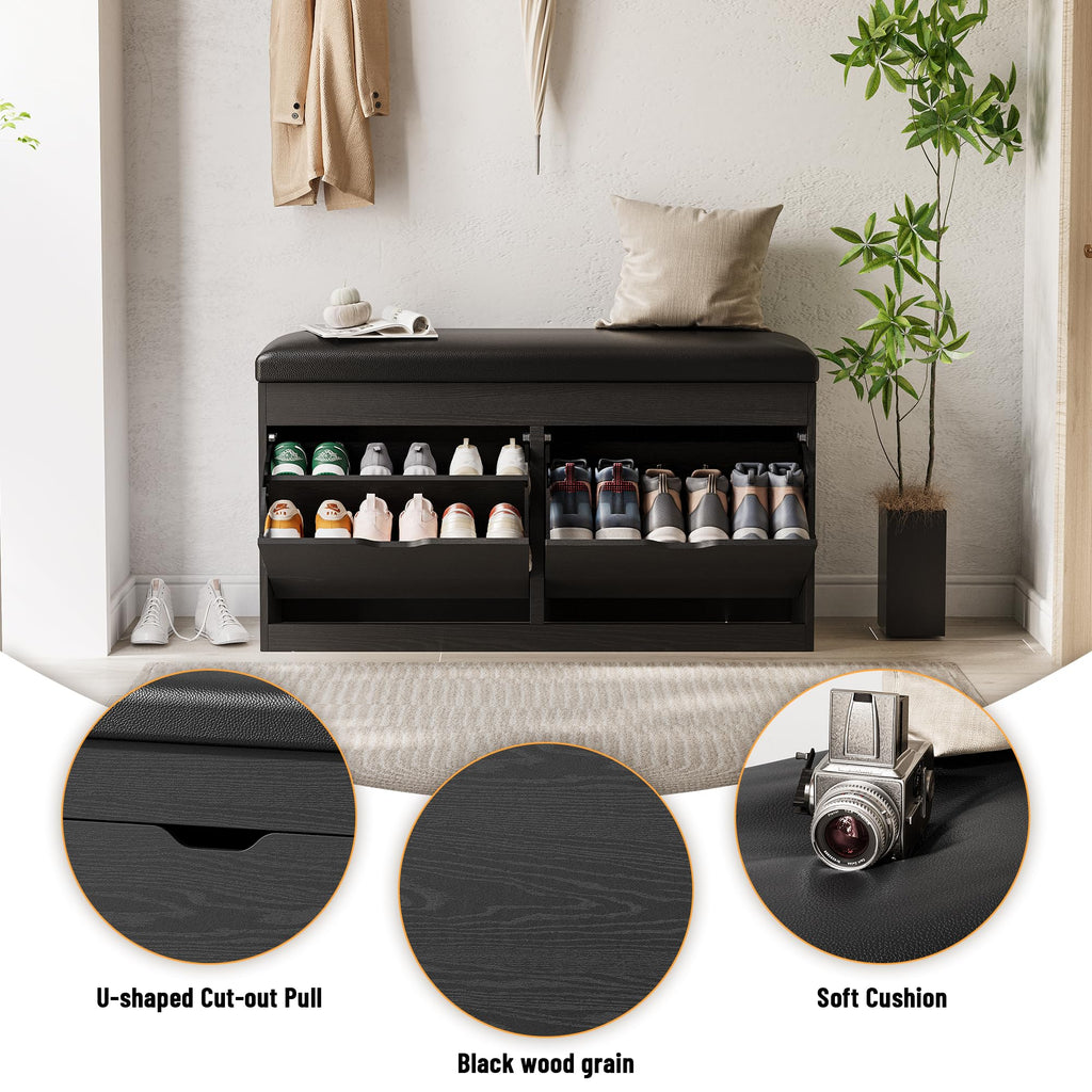 40" Shoe Storage Bench with Flip Drawers Padded Seat Cushion, Shoe Cabinet with Lift Top Storage Box, Shoe Bench Shoe