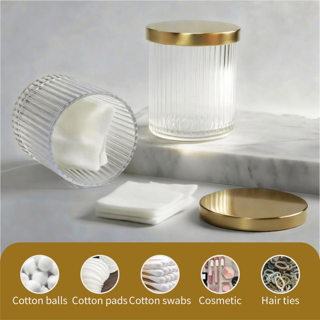 2 Pack Qtip Holder Dispenser with Metal Lids | Ribbed Glass Canister Set Vanity (Gold 2 Pcs)