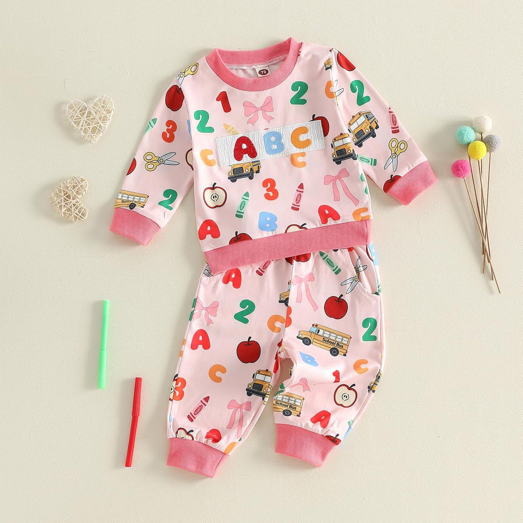 Kids Toddler Boy Girl Back to School Outfit First Day of School Smocked Sweatshirt Pants Set Kindergarten Outfits