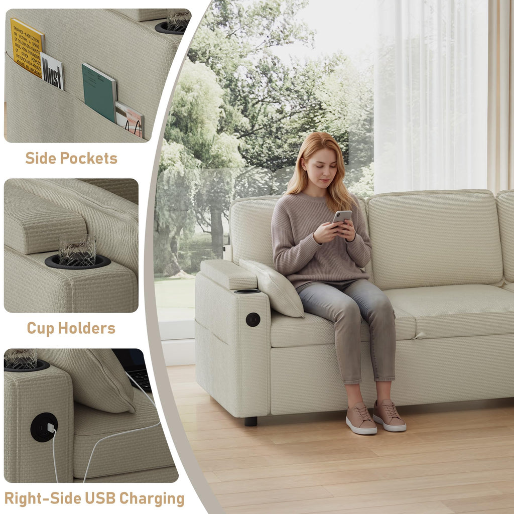 80" Sofa Bed Pull Out L Shaped Couch with Storage Chaise, Beige White