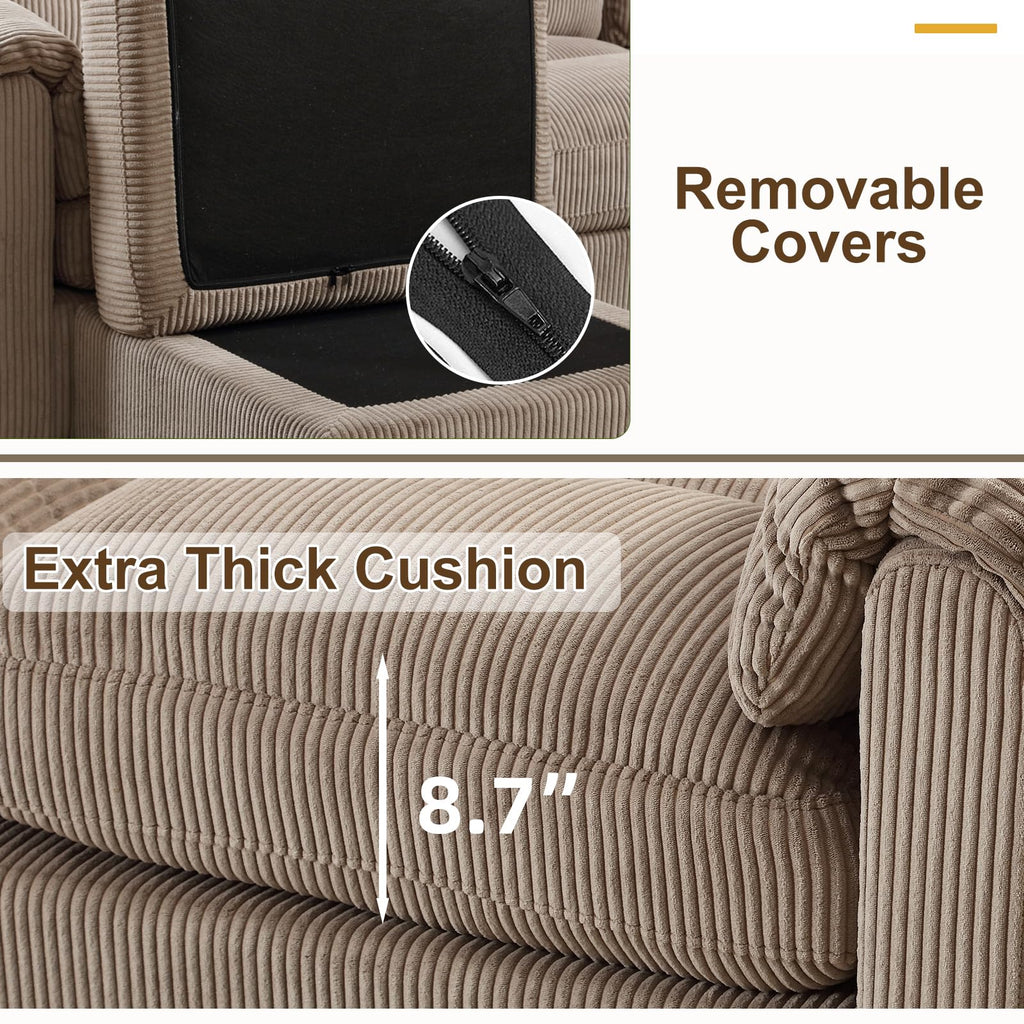 135" Modular Sectional L Shaped Corner Sofa with Movable Ottoman, Premium Corduroy 8-Seater Couches with Rolled Arms