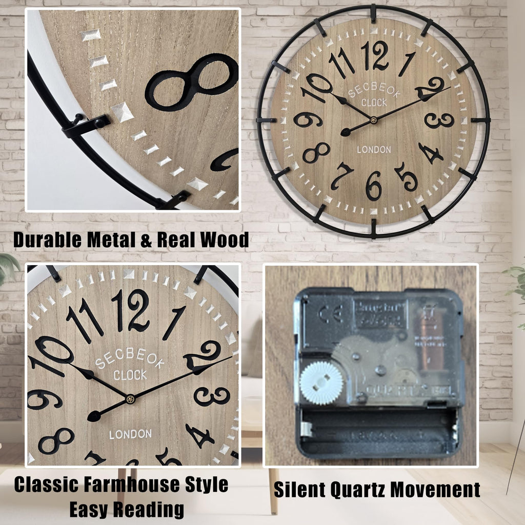 24 Inch Large Farmhouse Wall Clock, Metal Rustic Wood with Silent Quartz Movement, Easy Read Arabic Numerals, Battery