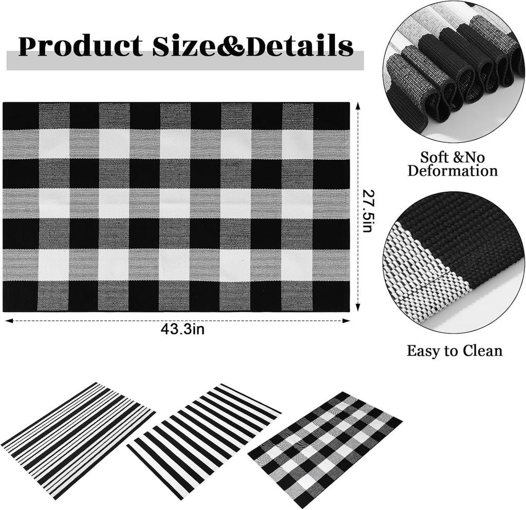 3 Pcs Black and White Striped Rug Buffalo Plaid Outdoor Rug