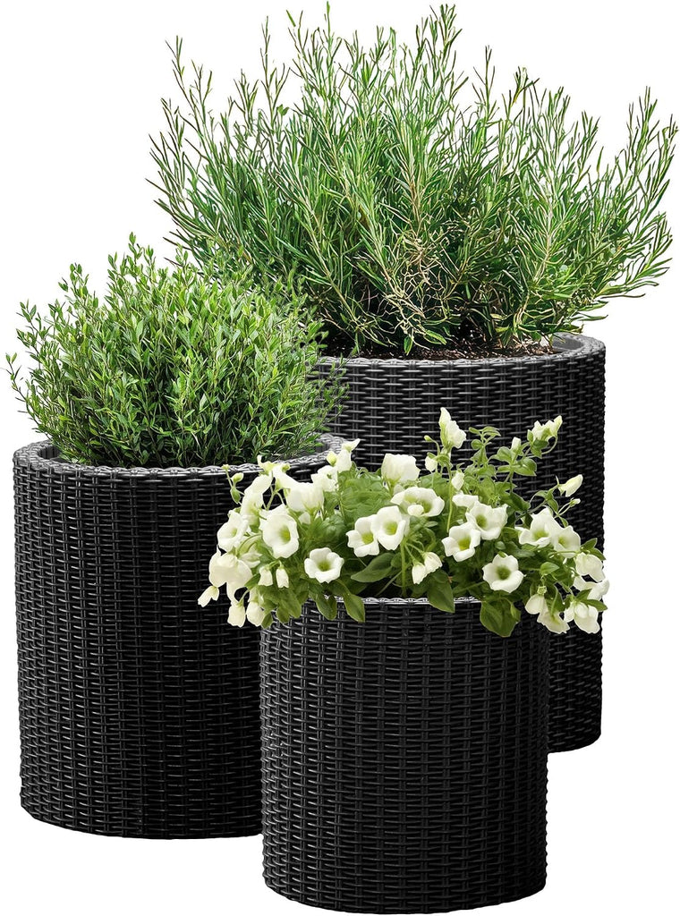 Cylinder Set of 3 Rattan Resin Planter for Indoor and Outdoor Plants Ideal Decorative Planter for Porches and Patio