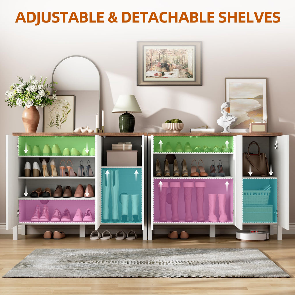 Shoe Storage Cabinet with Doors and Adjustable Shelves, White