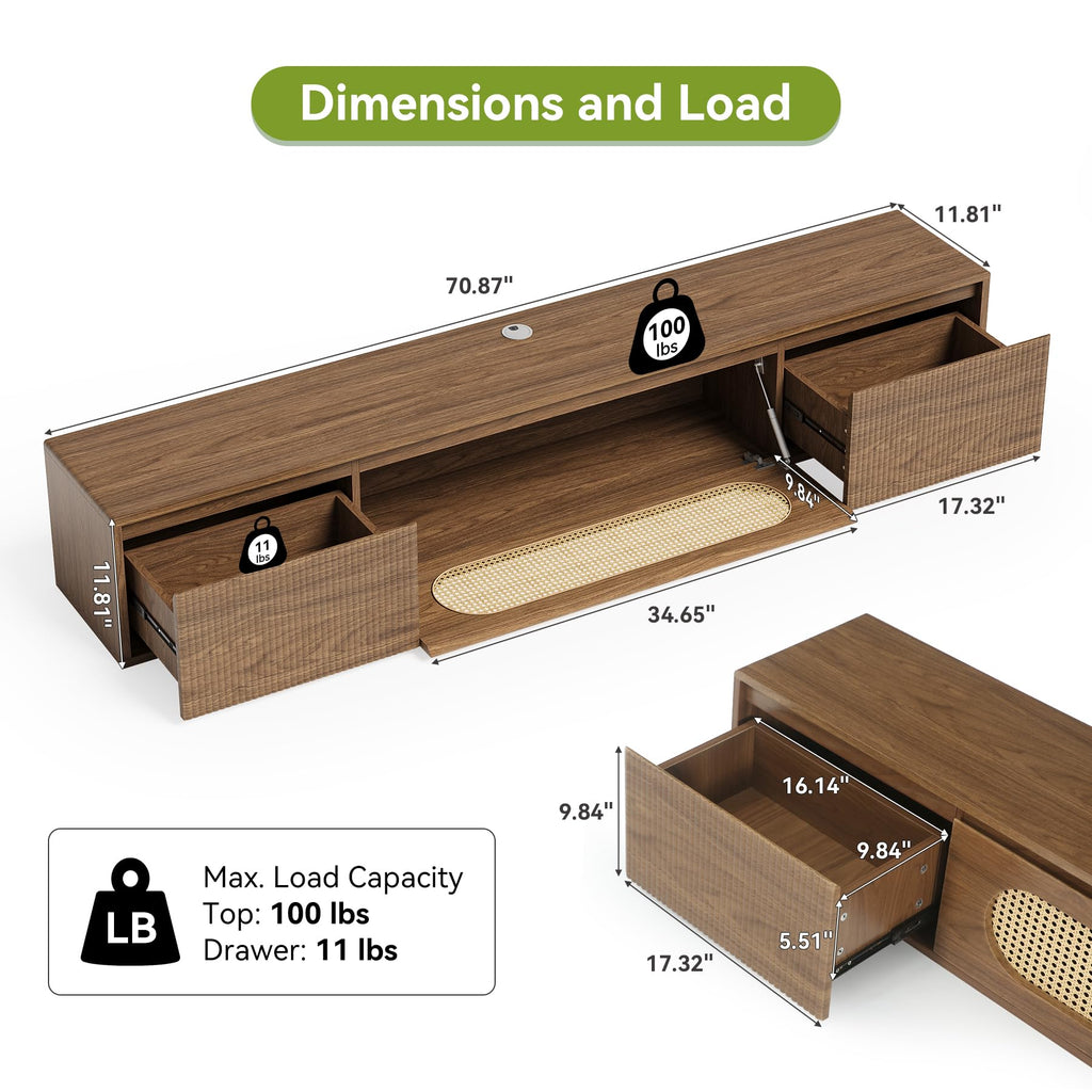 71'' Floating TV Stand Wall Mounted, Large Floating TV Stand, Fluted Floating Shelf for Under TV, Modern Media