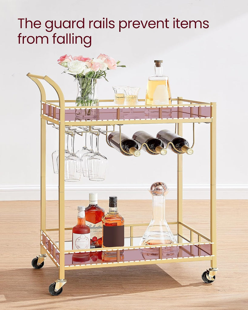 Bar Cart Gold, Home Bar Serving Cart, Wine Cart with 2 Mirrored Shelves, Wine Holders, Glass Holders, Gold ULRC092A62