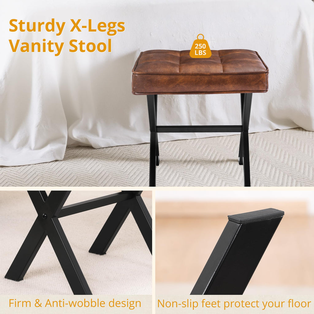 Vanity Stool, Square Faux Leather Makeup Stool with Metal X Legs, Small Ottoman Stool Chair for Vanity, Modern Padded