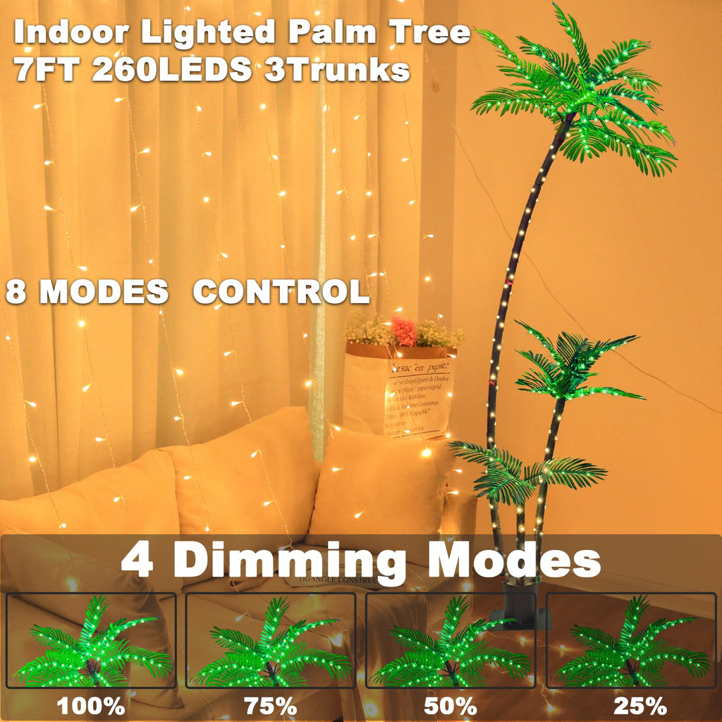 7FT Lighted Artificial Palm Tree with Three Trunks and Upgraded 260 LED Lights - Outdoor/Indoor Use, Perfect for Tiki