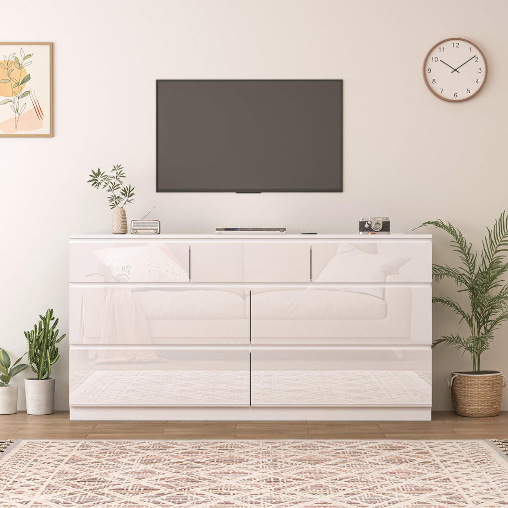 7 Drawers Dresser with Charging Station, Modern Large Dresser with 7 Handle Free Drawers, Wood Chest of Drawers