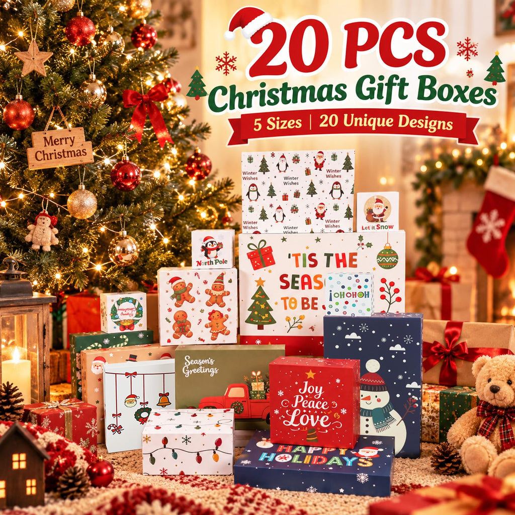 20 Pack Christmas Gift Boxes with Lids, 5 Sizes, 20 Festive Designs