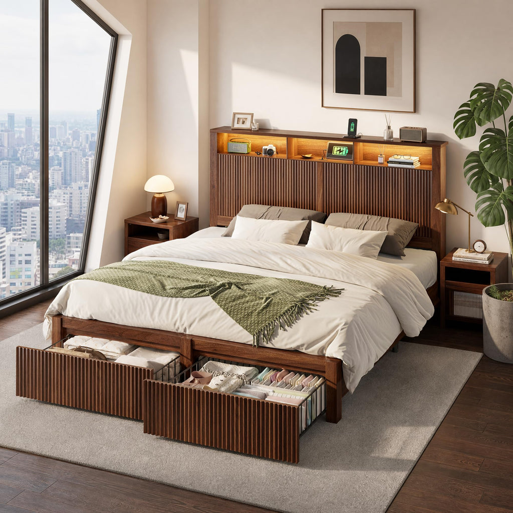 Queen Size Bed Frame with Headboard and 2 Storage Drawers, Walnut