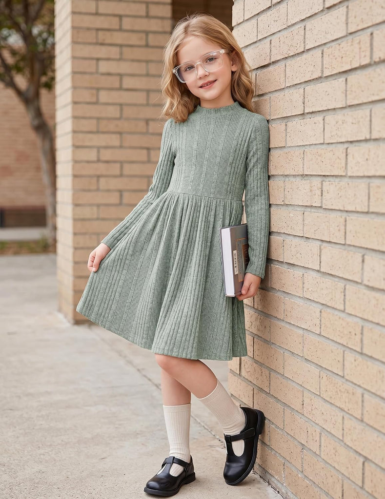 Girls Dresses Long Sleeve A Line Knit Sweater Dress with Pockets