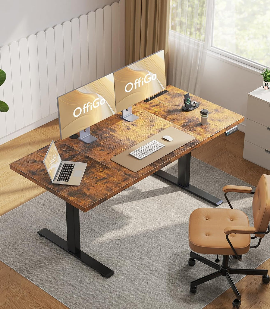 71" Executive Electric Standing Desk Height Adjustable, Rustic Brown | 1.38" Thick 3-Panel Desktop, Power Outlets, 3