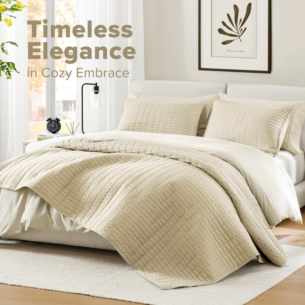 Oversized Bedspread Queen Quilt Set 3 Piece 102x 118 Ivory