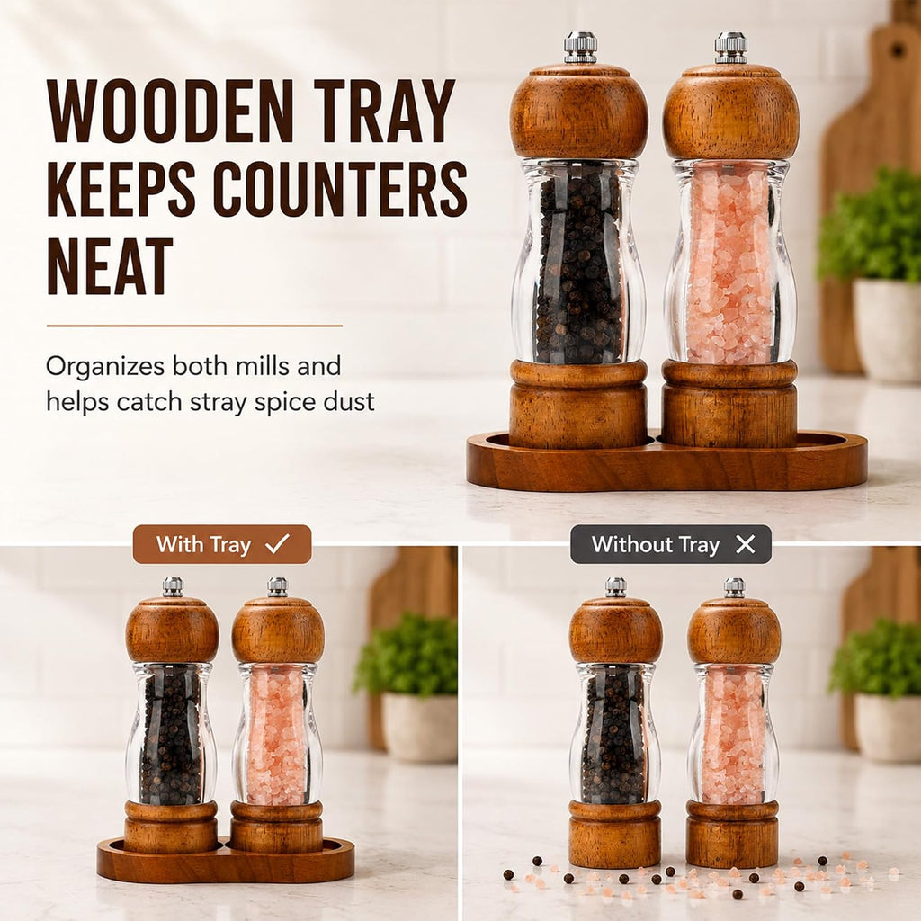 Manual Salt and Pepper Grinder Set, Oak Acrylic Mills with Tray - Set of 2