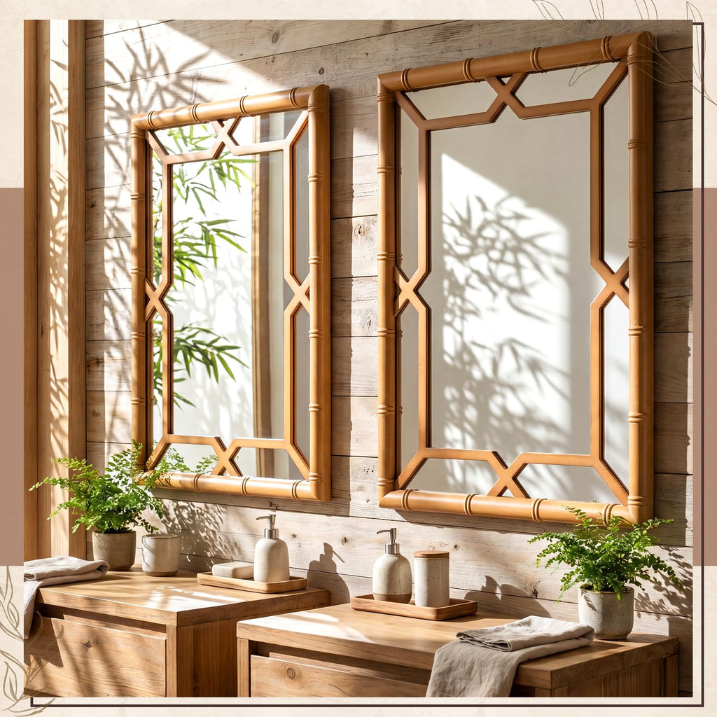 Bamboo-Look Frame Wall Mirror Decor, 23" ×31", Natural Wood