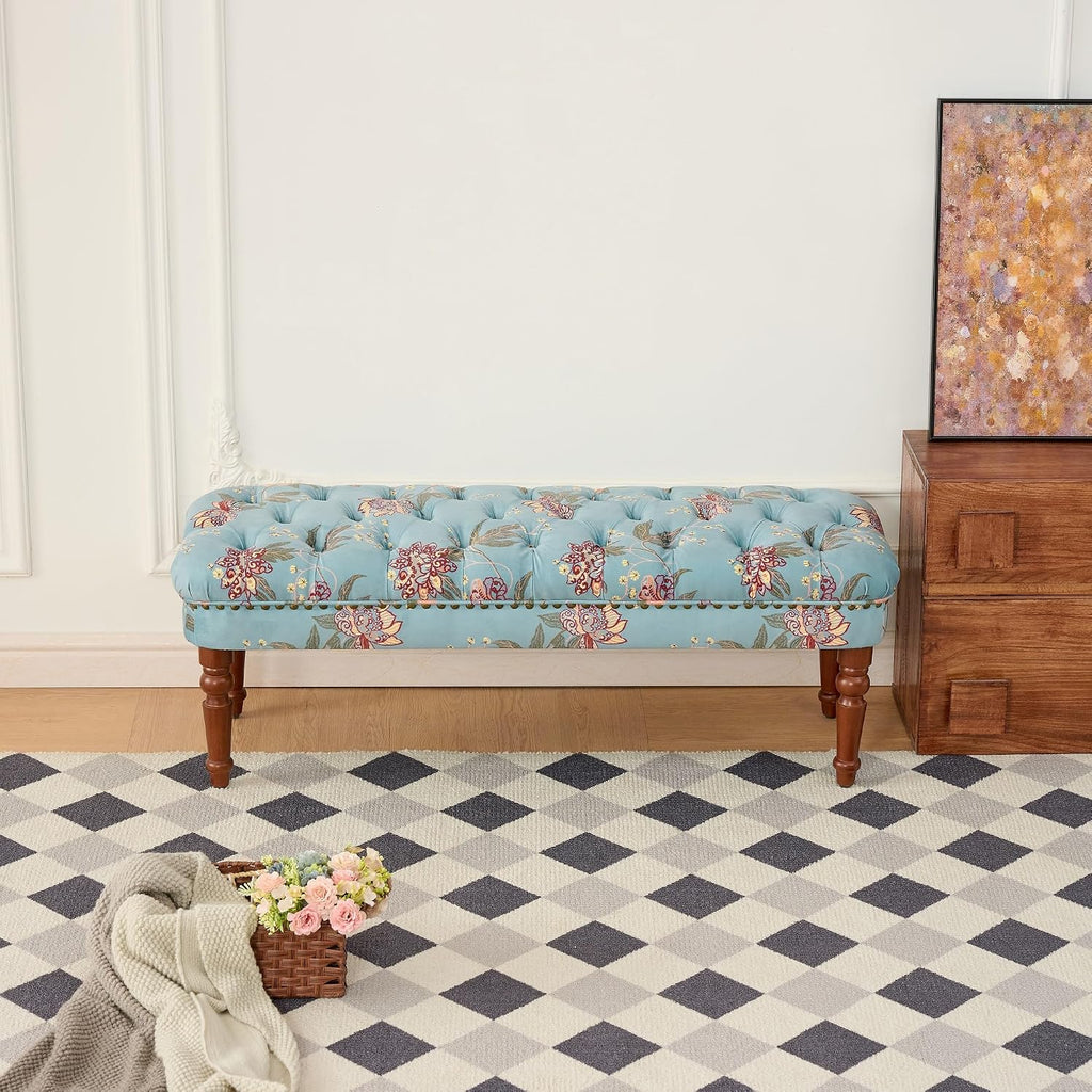 47" Tufted Floral Upholstered Entry Bench, Backless Padded Ottoman Benches with Turned Solid Wood Legs, Modern Indoor