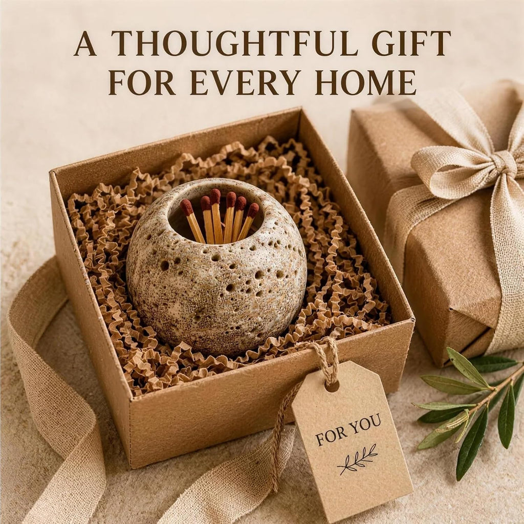 Match Holder, Matches Holder, Travertine Stone Striker Jar, Decorative Fireplace & Home Decor Accessory