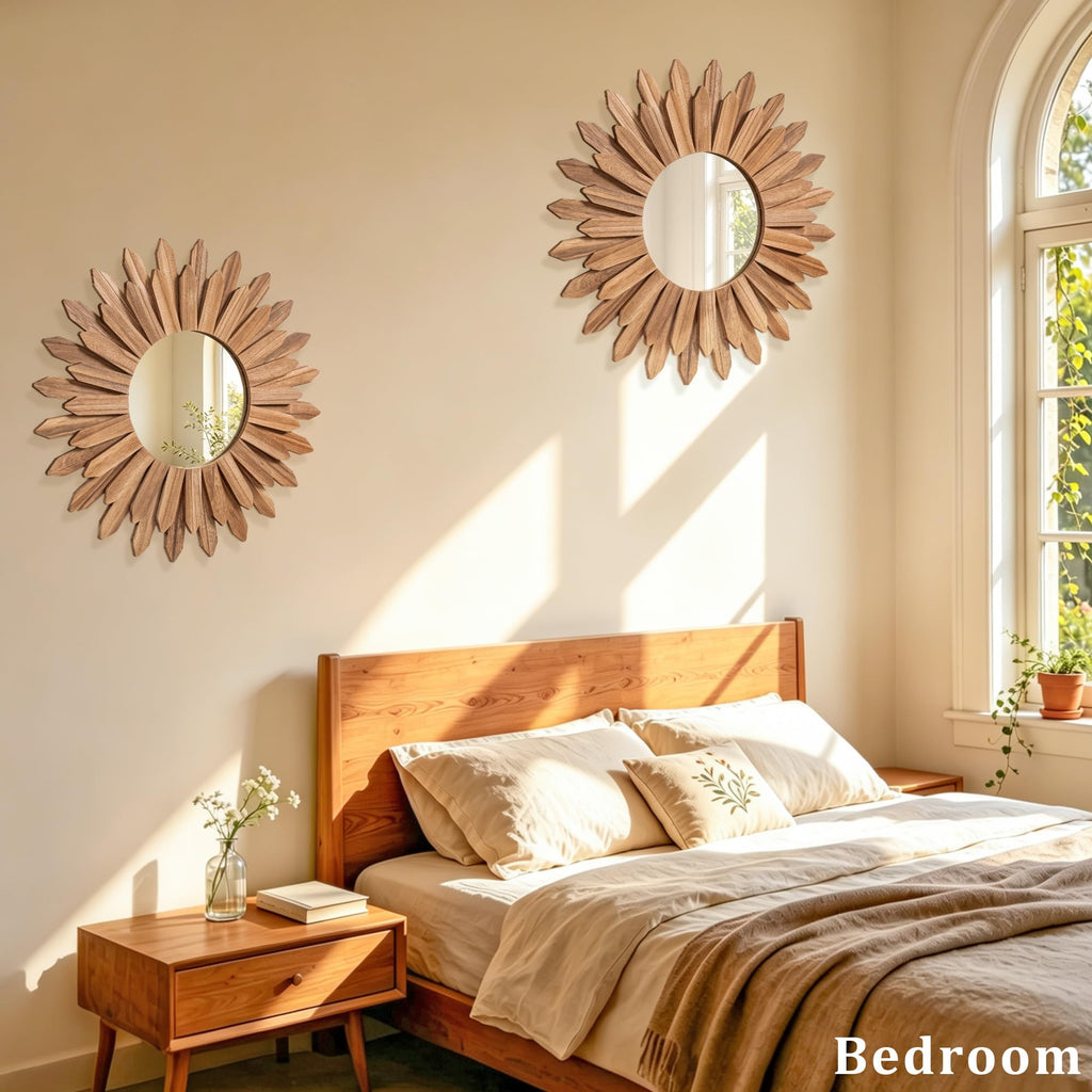 Boho Wall Decor 18 inch Rustic Wood Sunburst Boho Wall Mirror Farmhouse Wall Decor Bedroom Bathroom Hallway House