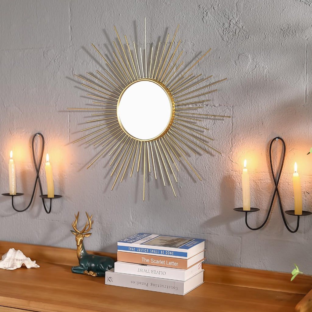 24'' Large Gold Sunburst Mirror, Metal Starburst Mirrors, Mid-Century Modern Sun Mirror Wall Decor, and Entryway
