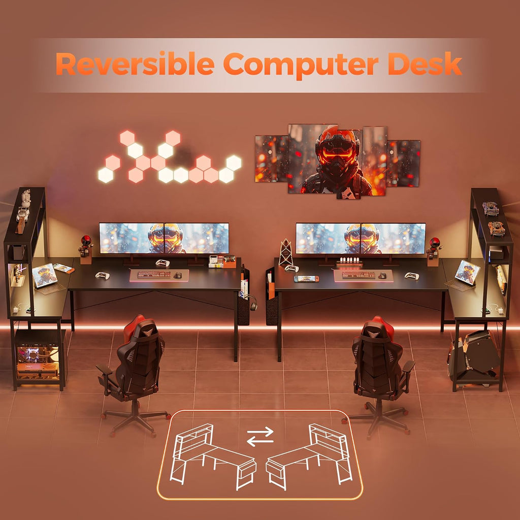 51 in L Shaped Desk with Pegboard, Reversible Corner Gaming Desk | Large Computer Desk with Hutch, Power Outlets, LED