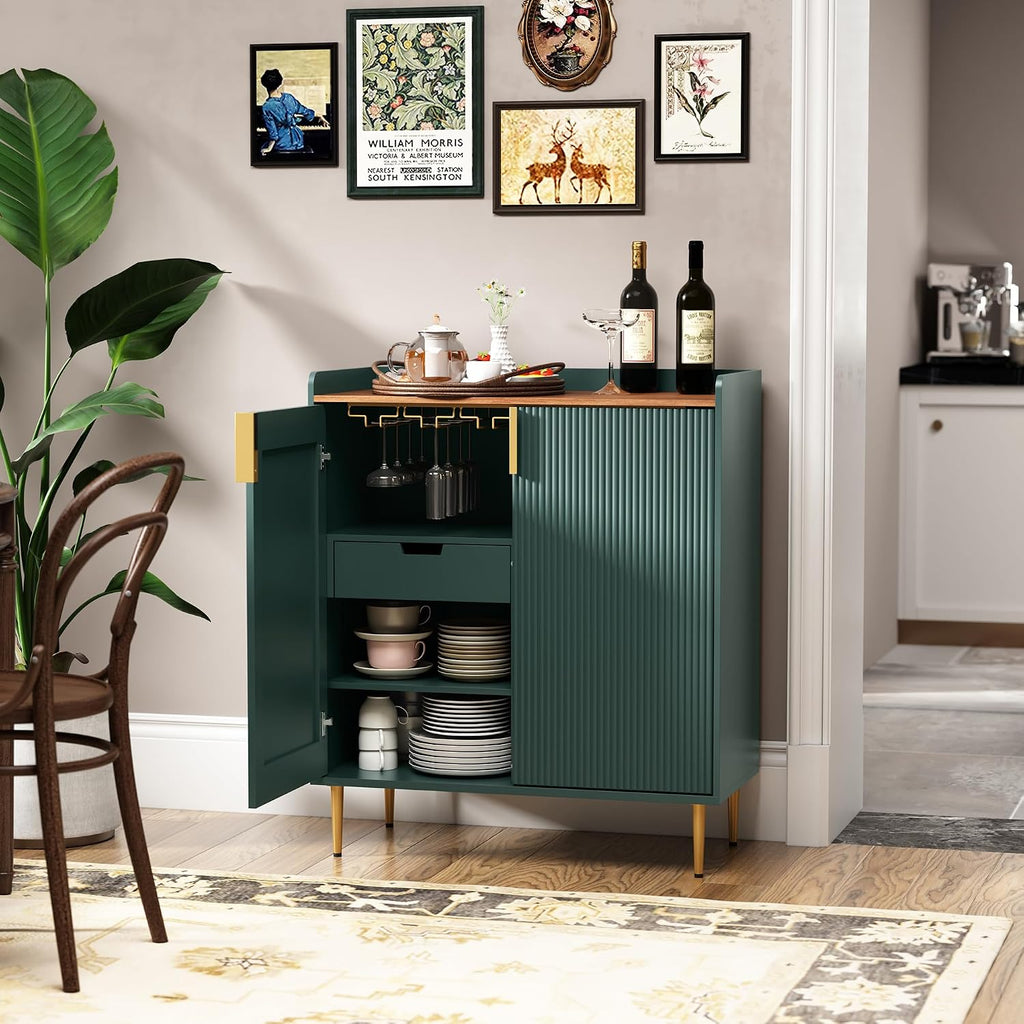 Coffee Bar Cabinet with Wine Racks & Drawer, Green | Liquor Cabinet with Fluted Texture, Modern Sideboard Buffet
